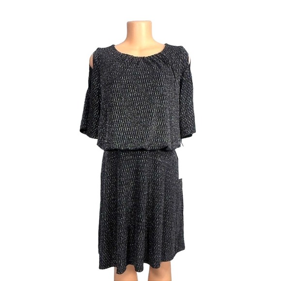 London Times Dresses & Skirts - London Times Chic Cold Shoulder Dress Metallic Print Elastic Waist Midi Size XLP